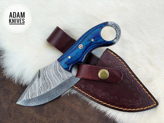 ADAM KNIVES Custom Handmade Damascus Steel Gut Hook Knife With Leather Sheath