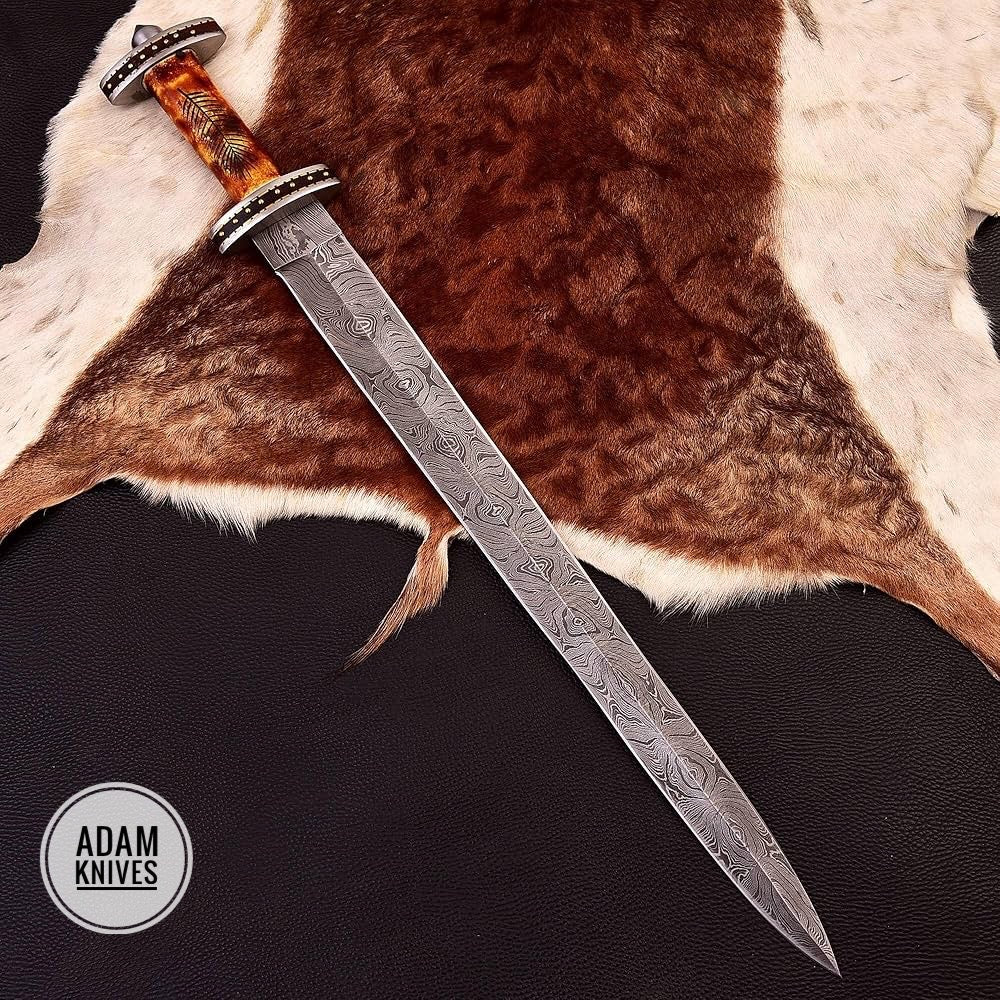 Hand Forged Damascus Steel Sword | Camel Bone Sheesham Wood Handle & Leather Sheath