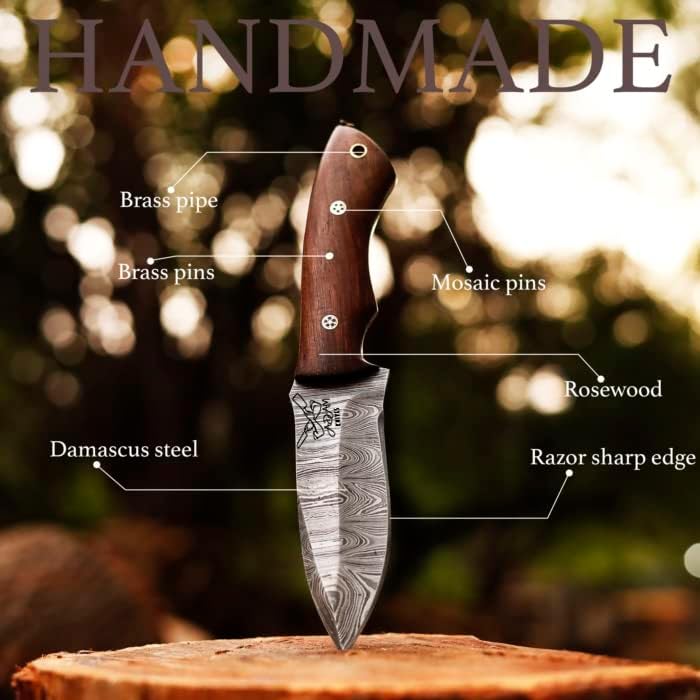 ADAM KNIVES Fixed Blade Damascus Steel Hunting Knife with Leather Sheath, 9'' Full Tang Hunting Skinning Knife,Non-Slip Wooden Handle,Camping Knife (Brown)