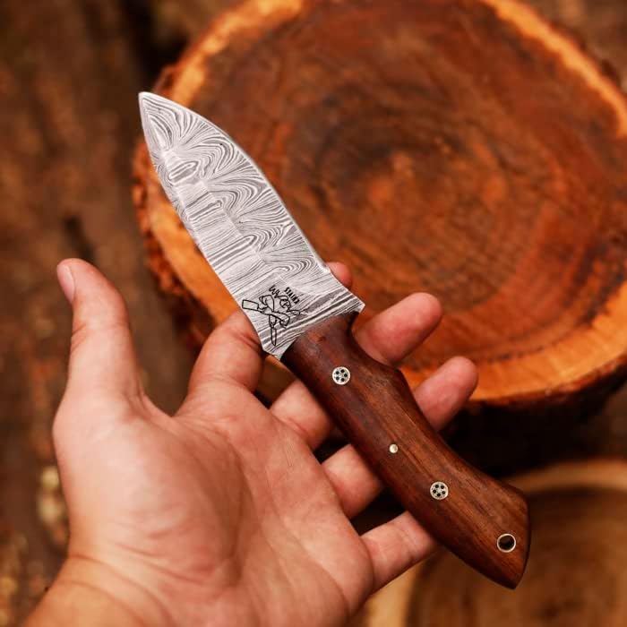 ADAM KNIVES Fixed Blade Damascus Steel Hunting Knife with Leather Sheath, 9'' Full Tang Hunting Skinning Knife,Non-Slip Wooden Handle,Camping Knife (Brown)