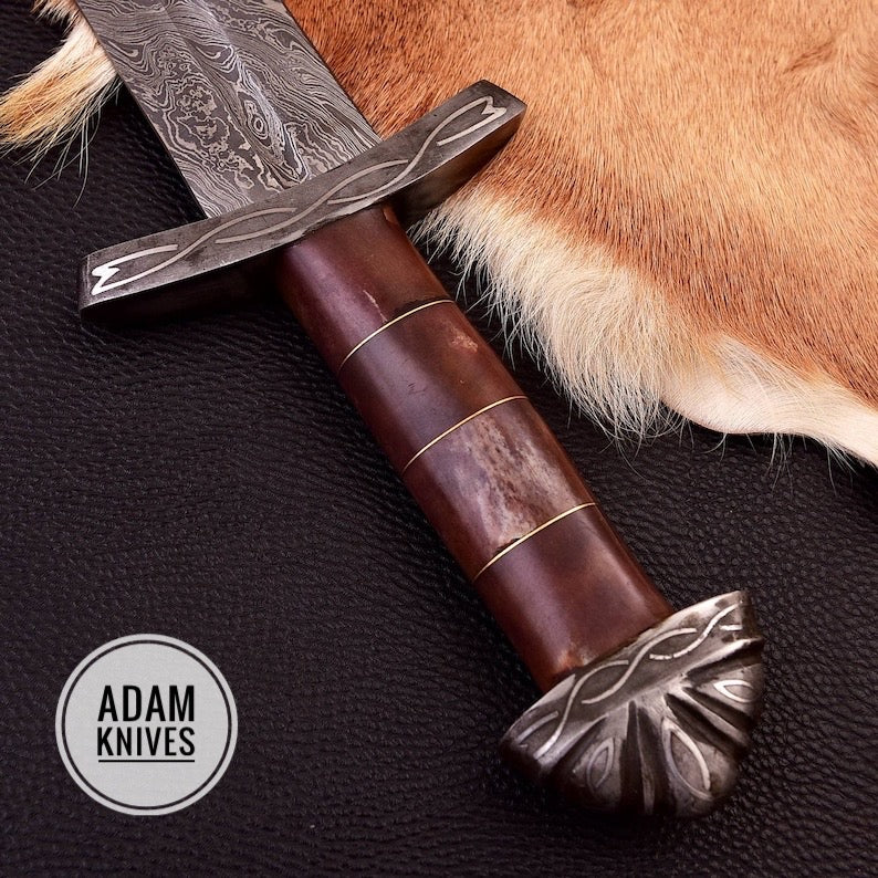 Damascus Steel Hand Forged Sword | Camel Bone Handle & Leather Sheath Included