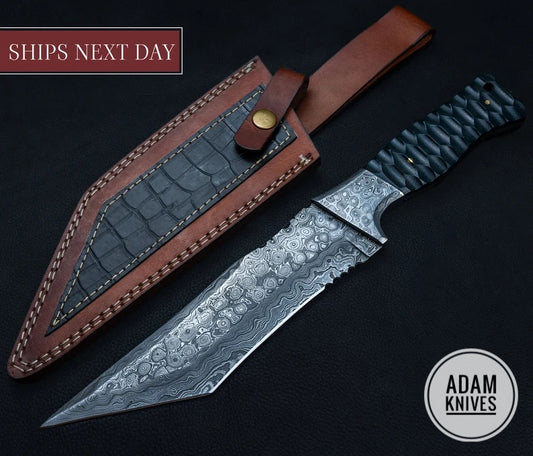 Custom Handmade Damascus Steel Hunting Knife /Tanto Knife  With Leather Sheath