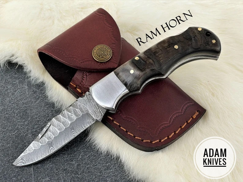 Custom Handmade Damascus Steel Folding Knife With Leather Sheath