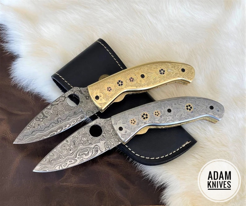 Custom Handmade Damascus Steel Folding Knife With Leather Sheath