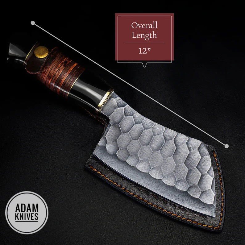 Custom Handmade Damascus Steel Serbian Cleaver Chopper Chef Kitchen Knife Cleaver Comes With Leather Sheath