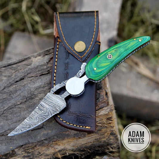 Custom Handmade Damascus Steel Beautiful Pocket Knife With Leather Sheath