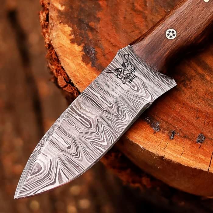 ADAM KNIVES Fixed Blade Damascus Steel Hunting Knife with Leather Sheath, 9'' Full Tang Hunting Skinning Knife,Non-Slip Wooden Handle,Camping Knife (Brown)