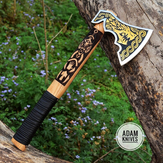 Viking Hand Forged Axe RAGNAR Hand Symbols Scandinavian Battle Axe Gold Plated Dragon Head Stainless Steel Dual With Leather Sheath