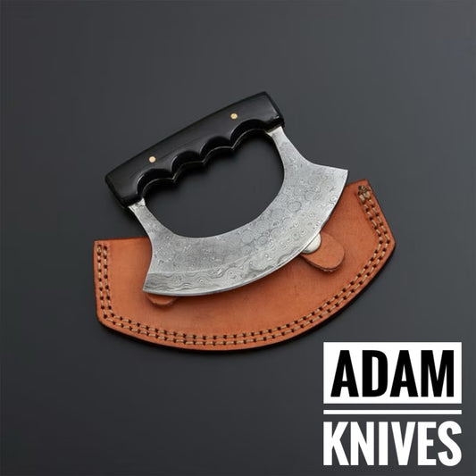 ADAM KNIVES Custom Handmade Damascus Steel Ulu Knife With Leather Sheath