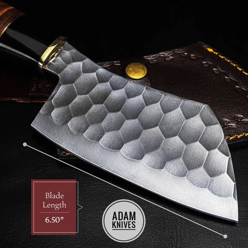 Custom Handmade Damascus Steel Serbian Cleaver Chopper Chef Kitchen Knife Cleaver Comes With Leather Sheath