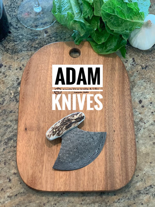 ADAM KNIVES Custom Handmade Damascus Steel Ulu Knife With Leather Sheath