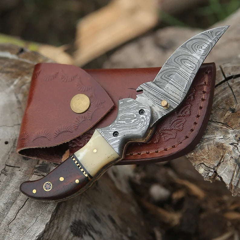 Handmade Damascus Steel Pocket Knife Camel Bone and Wood Handle