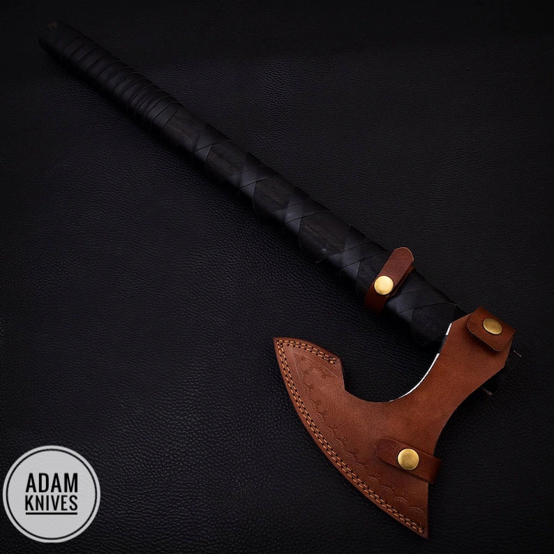 ADAM KNIVES Handmade Gift Forged Carbon Steel Viking Axe, Camping Hatchet with Ash Wood Shaft ( Axe)