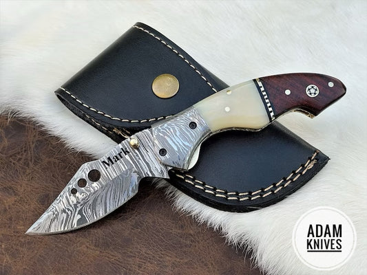 Custom Handmade Damascus Steel Folding Knife With Leather Sheath