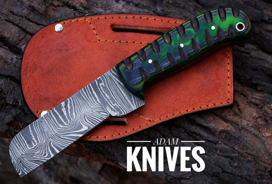 ADAM KNIVES CowBoy Bull Cutter Knife Hand Forged Damascus Steel EDC Knife With Leather Sheath Gift For Him / Her