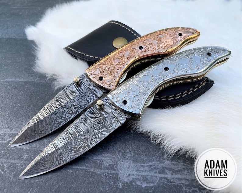 Custom Handmade Damascus Steel Folding Knife With Leather Sheath