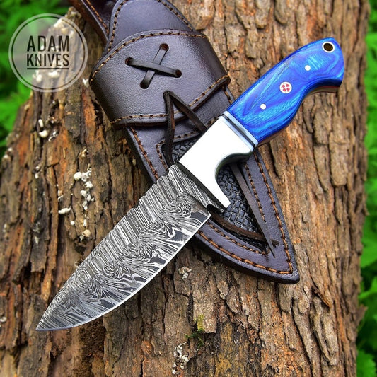 9" Handmade Damascus Steel Knife, Hunting Knife, Fixed Blade Knife, Skinner Knife, Bushcraft Camping Knife, Pakka Wood Handle, Gift for Men