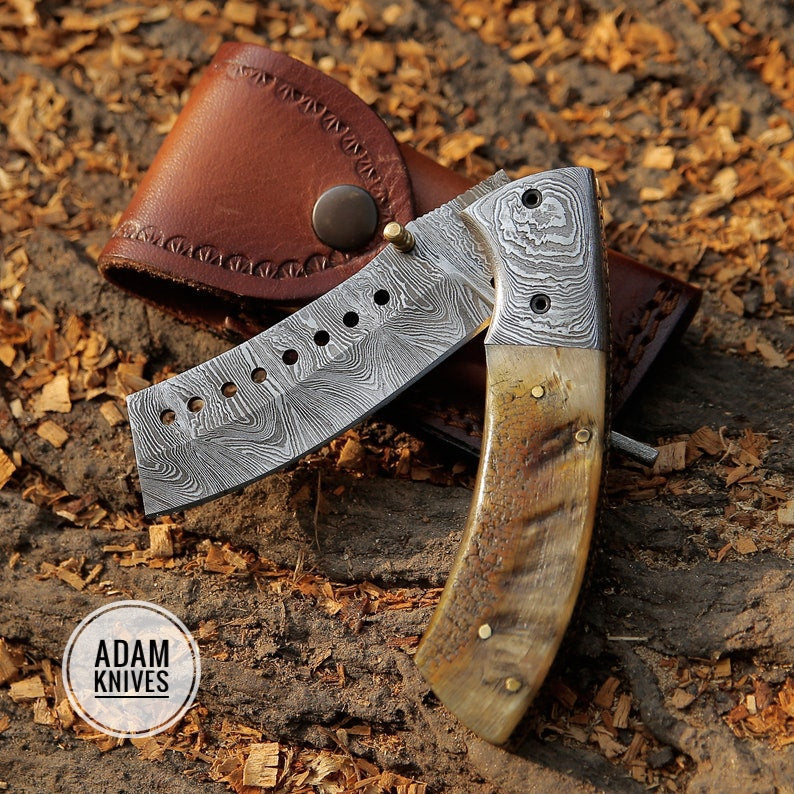 Custom Handmade Damascus Steel Beautiful Pocket Folding Knife With Leather Sheath