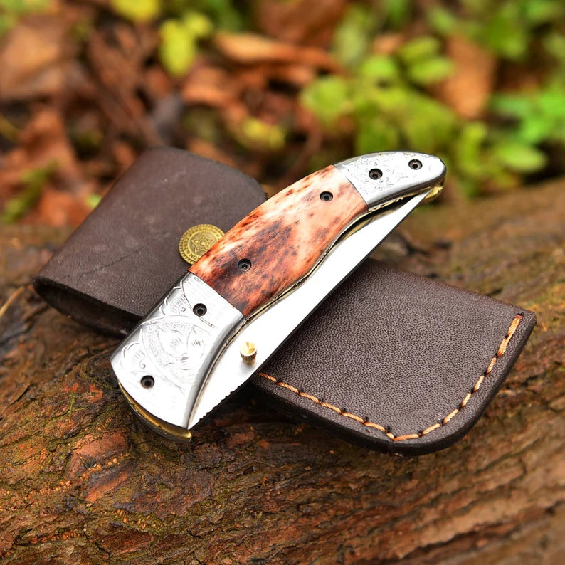 Custom Handmade Stainless steel Pocket Knife Color Camel Bone Handle