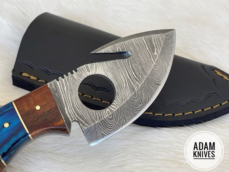 ADAM KNIVES Custom Handmade Damascus Steel Gut Hook Knife With Leather Sheath