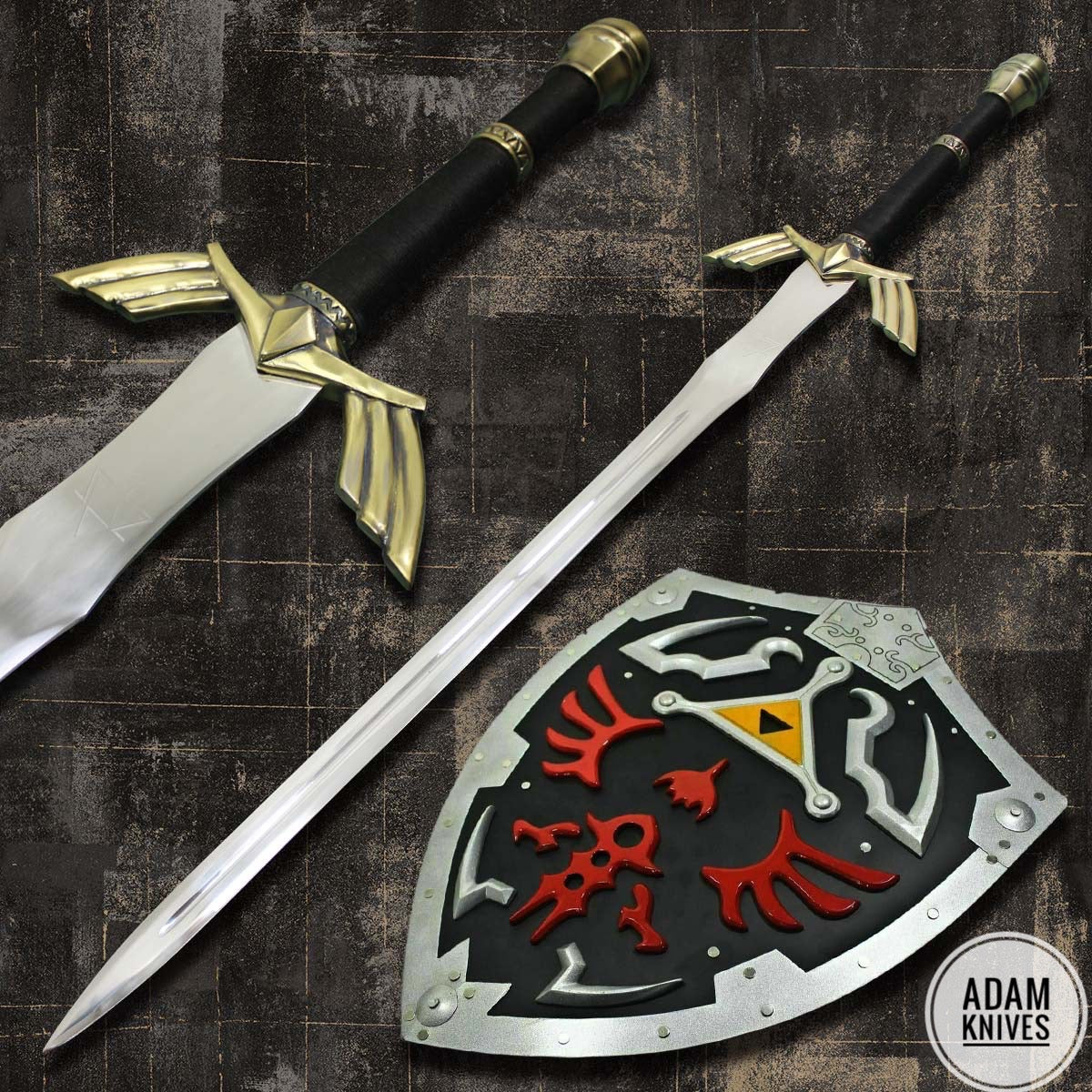 The Legend of Zelda Dark Link's Master Sword with Sheath High End Variant Pair with Zelda hylian Shield Black Shield Dark Version