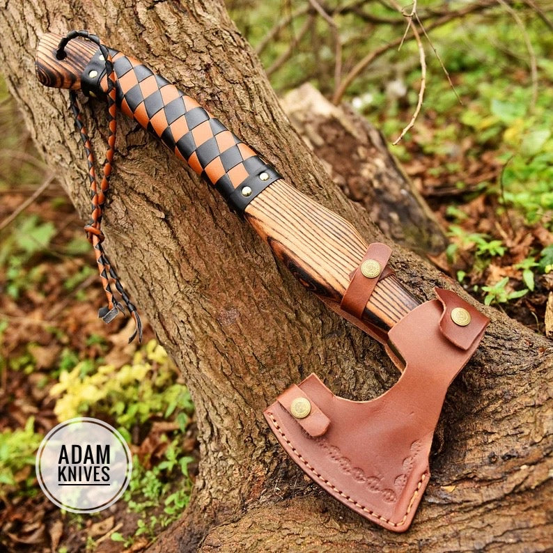 Custom Hand Made Carbon Steel Viking Axe With Wood And Leather Handle Sheath