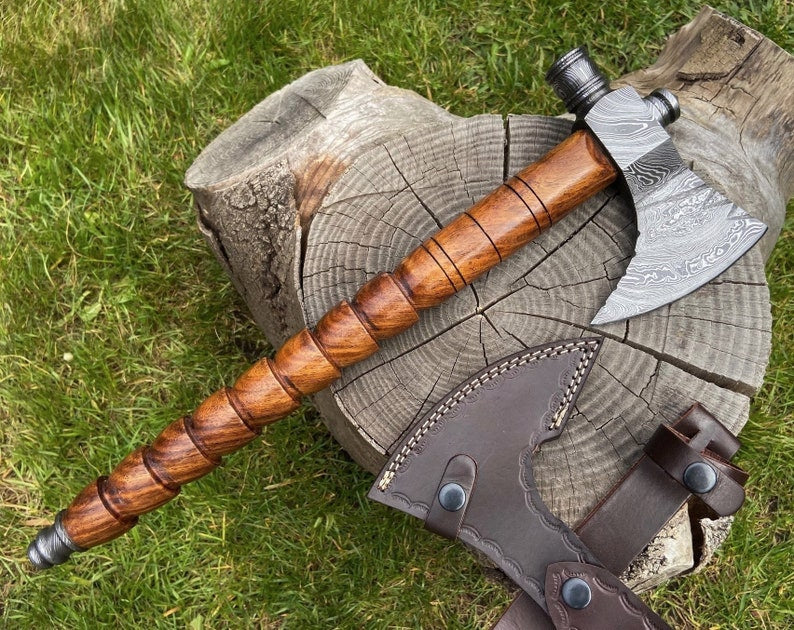 Handmade Damascus Steel Axe Vintage Style Camping With Leather sheath