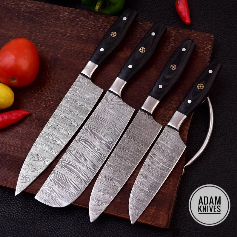 Custom Hand Made Damascus Steel Kitchen Knives Set/Chef Knives Set/BBQ Knife 4-Pieces Set