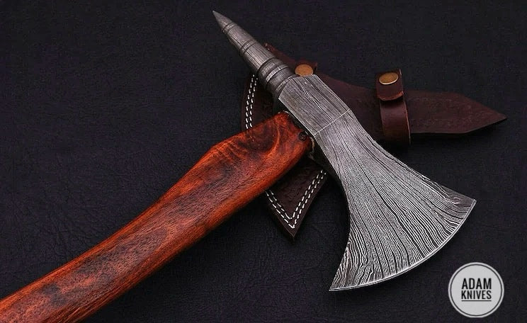 Handmade Gift Forged Damascus Steel Viking Axe, Camping Hatchet with Rose Wood Shaft