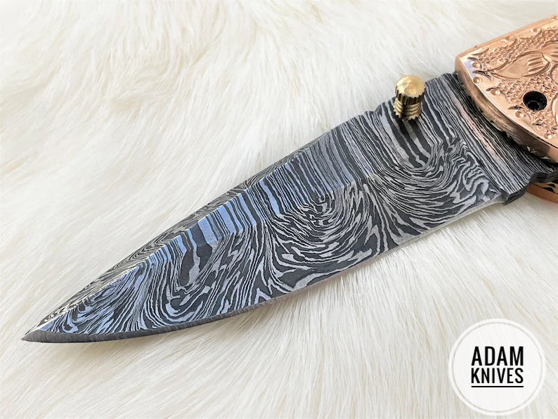 Custom Handmade Damascus Steel Folding Knife With Leather Sheath