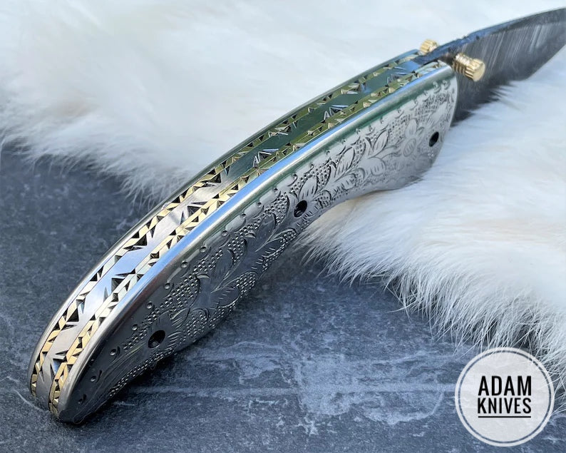 Custom Handmade Damascus Steel Folding Knife With Leather Sheath