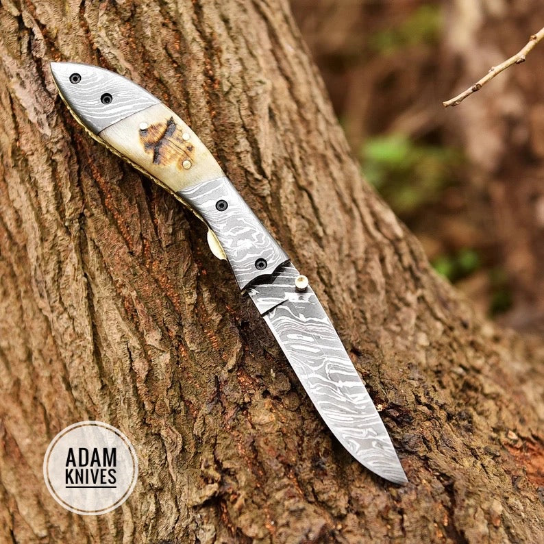 custom made handmade folding knife pocket knife with sheep horn handle