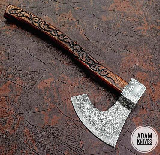 Handmade Gift Forged Damascus Steel Viking Axe, Camping Hatchet with Rose Wood Shaft