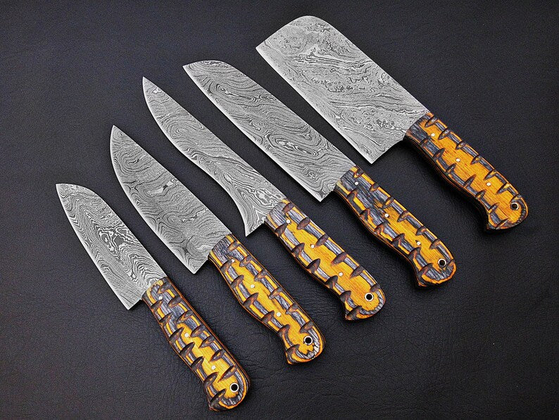 Custom Handmade Damascus Steel With Yellow Color Wood Handles Kitchen Knives Set FR-20021082