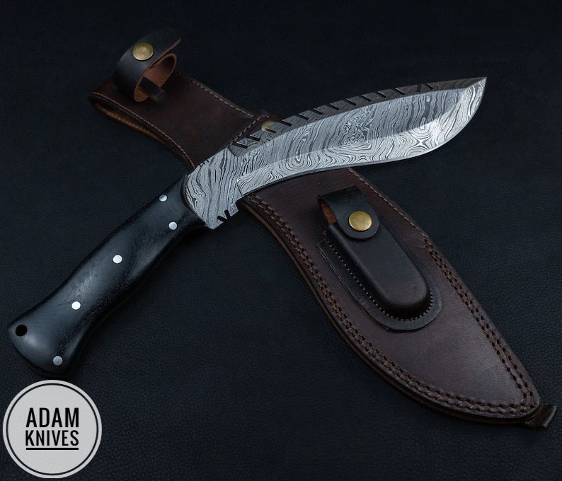 Custom Handmade Damascus Steel Kukri Knife With Leather Sheath