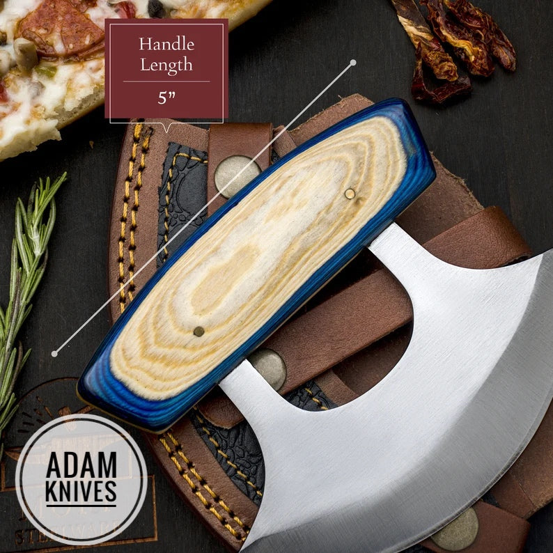 ADAM KNIVES Custom Handmade Steel Ulu Knife With Leather Sheath