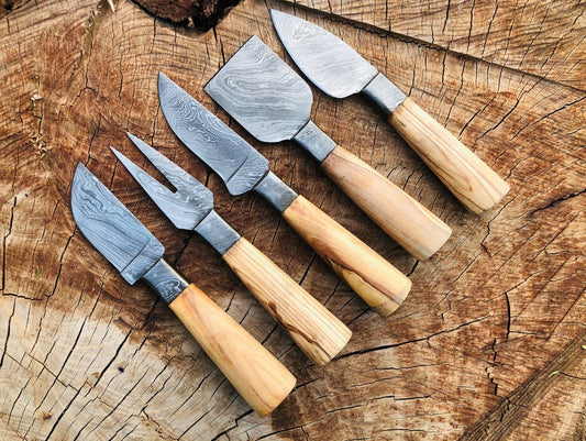 Handmade Damascus cheese knife set of 5 with Olive Wood Handle knives