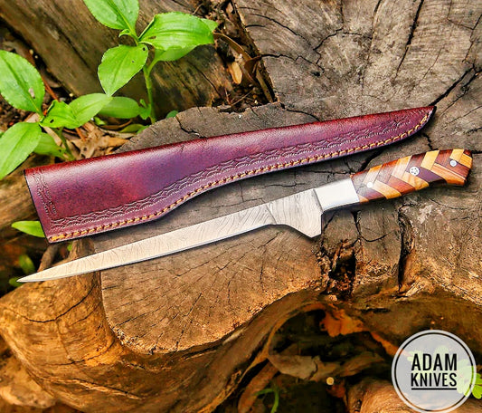 Custom Handmade Damascus Steel Fillet Knife with leather sheath