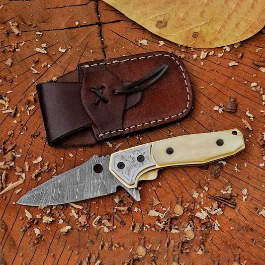 7.5" Hand Forged Damascus Steel Inner Lock Folding Knife with Leather Sheath