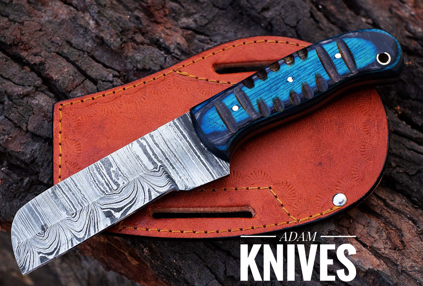 ADAM KNIVES CowBoy Bull Cutter Knife Hand Forged Damascus Steel EDC Knife With Leather Sheath Gift For Him / Her