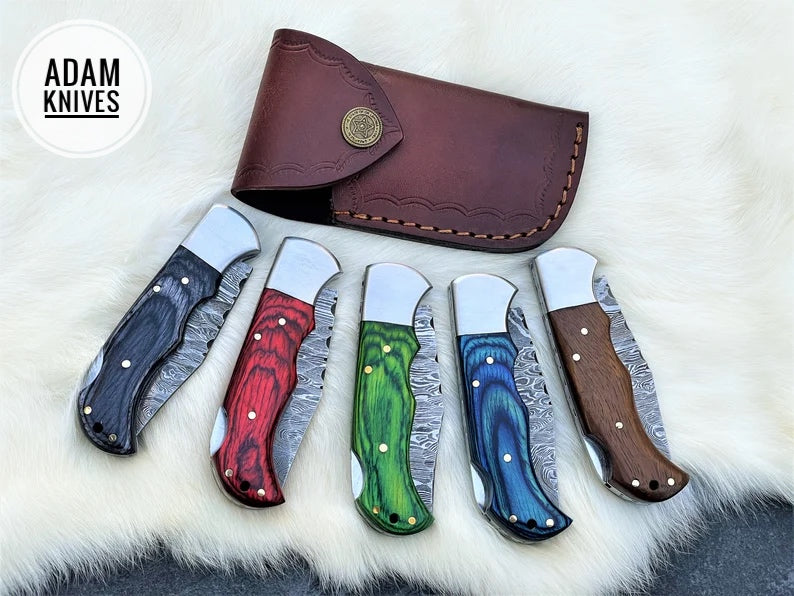 Custom Handmade Damascus Steel Folding Knife With Leather Sheath