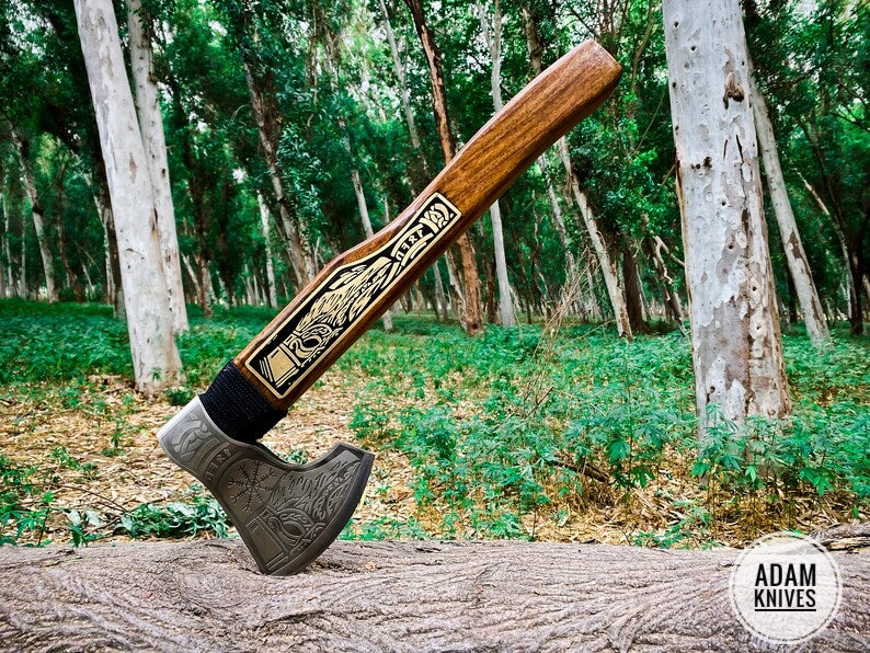 Handmade Gift Forged Carbon Steel Viking Axe, Camping Hatchet with Rose Wood Shaft