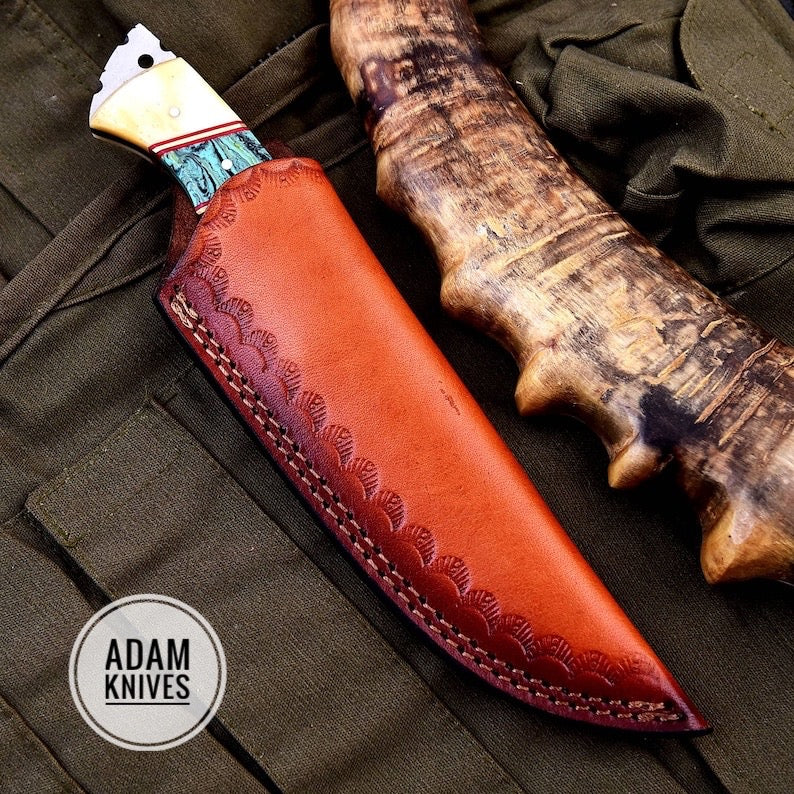 Damascus Steel Gut Hook Hunting Knife w/ Genuine Leather Sheath