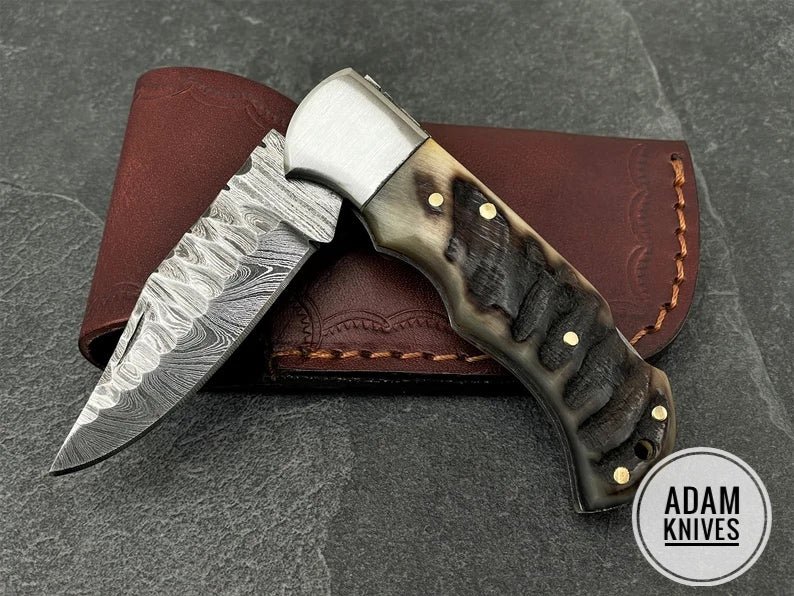 Custom Handmade Damascus Steel Folding Knife With Leather Sheath