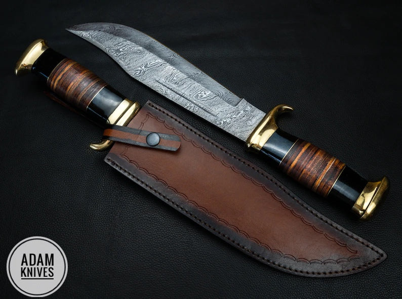 Custom Handmade Damascus Steel Hunting Knife Crocodile Dundee with Leather Sheath