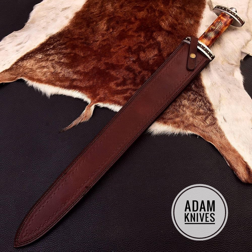 Hand Forged Damascus Steel Sword | Camel Bone Sheesham Wood Handle & Leather Sheath