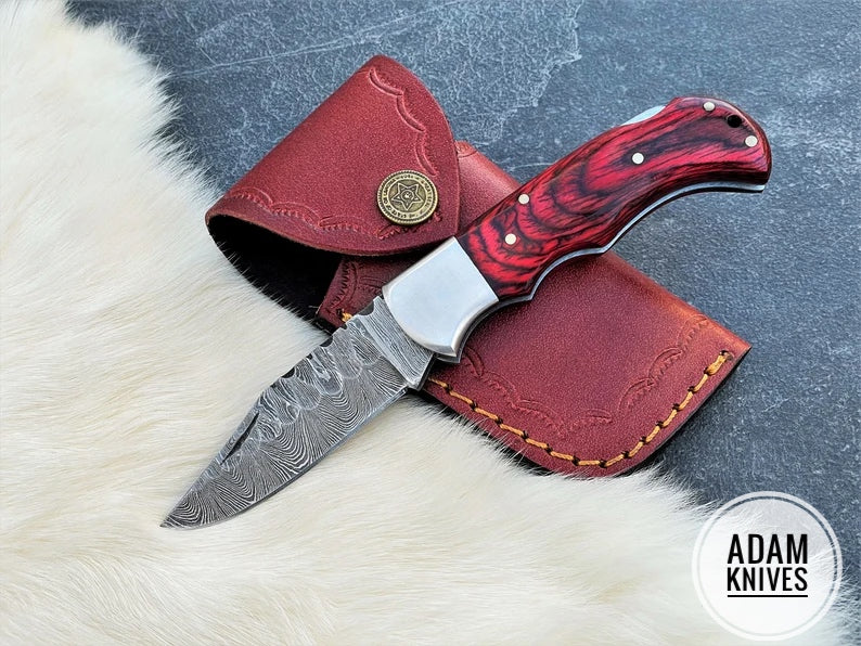 Custom Handmade Damascus Steel Folding Knife With Leather Sheath