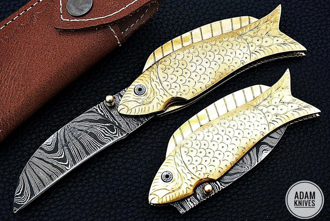 Custom Handmade Damascus Steel Fish Folding Knife With Leather Sheath