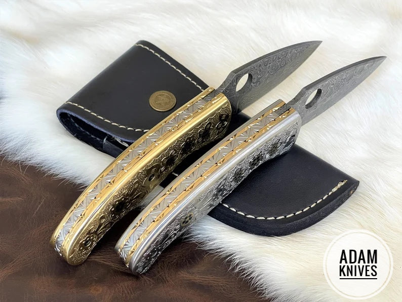 Custom Handmade Damascus Steel Folding Knife With Leather Sheath