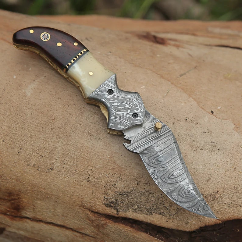 Handmade Damascus Steel Pocket Knife Camel Bone and Wood Handle